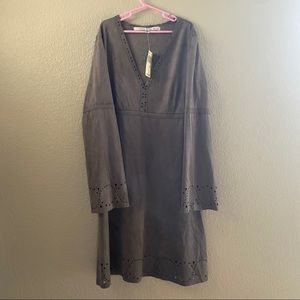 NWT Max Studio Bell Sleeve Dress Laser Cut Out Mini Brown Vegan Suede V-neck |